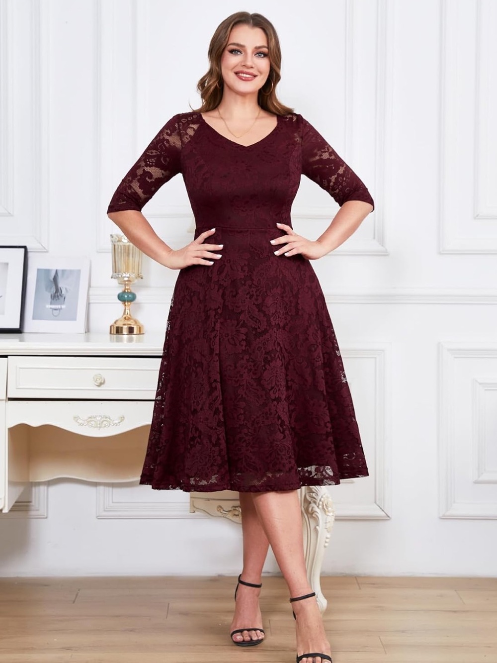 New! Size large. Burgundy. Woman’s Long Sleeve Lace A Line Formal Dress